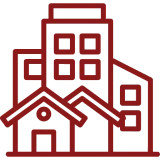 Red outline of buildings on black background