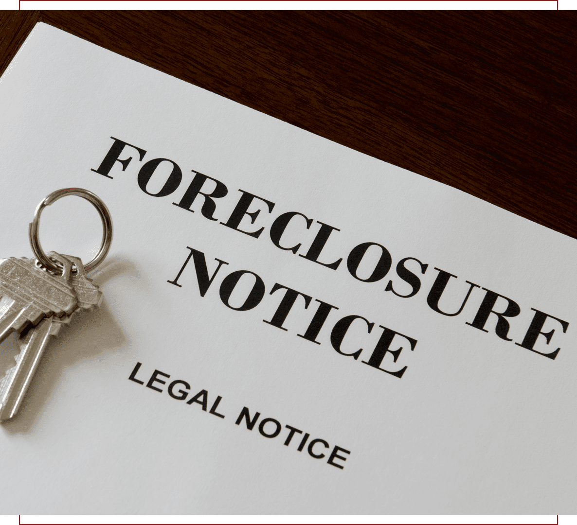 Foreclosure notice with keys on table